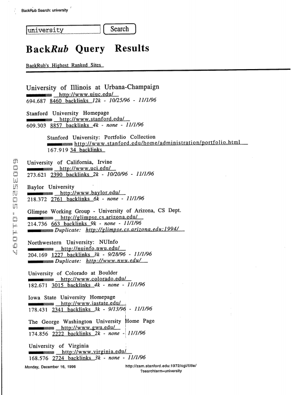 Image in patent filing for original Google search results (1996)/Source: <a href=http://gyitsakalakis.com/search-stuff/backrub-query-results-then-google-results-now/>gyitsakalakis.com</a>